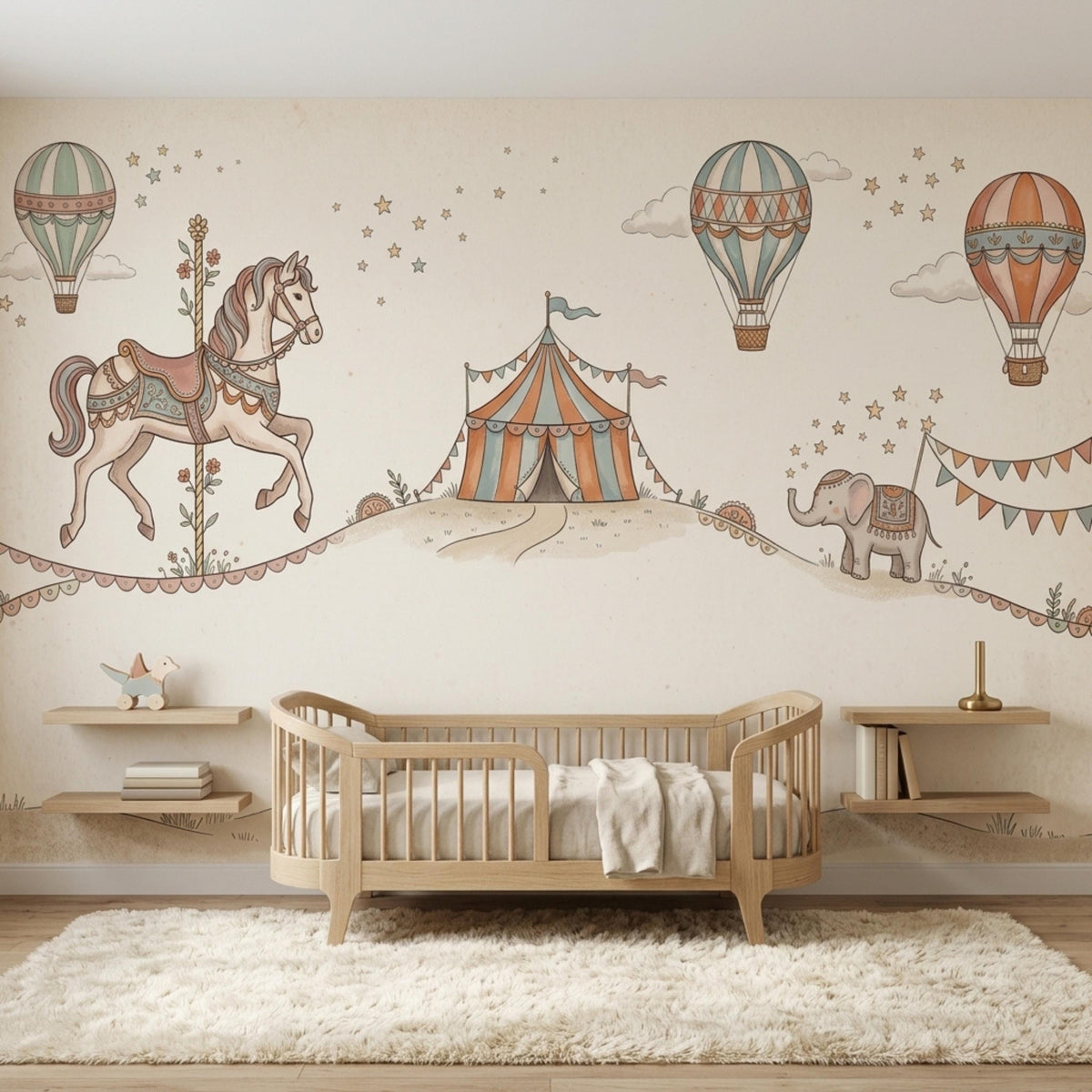 A wooden crib is placed against a vintage circus wall mural featuring a carousel horse, circus tent, and hot air balloons.