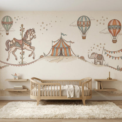 A wooden crib is placed against a vintage circus wall mural featuring a carousel horse, circus tent, and hot air balloons.