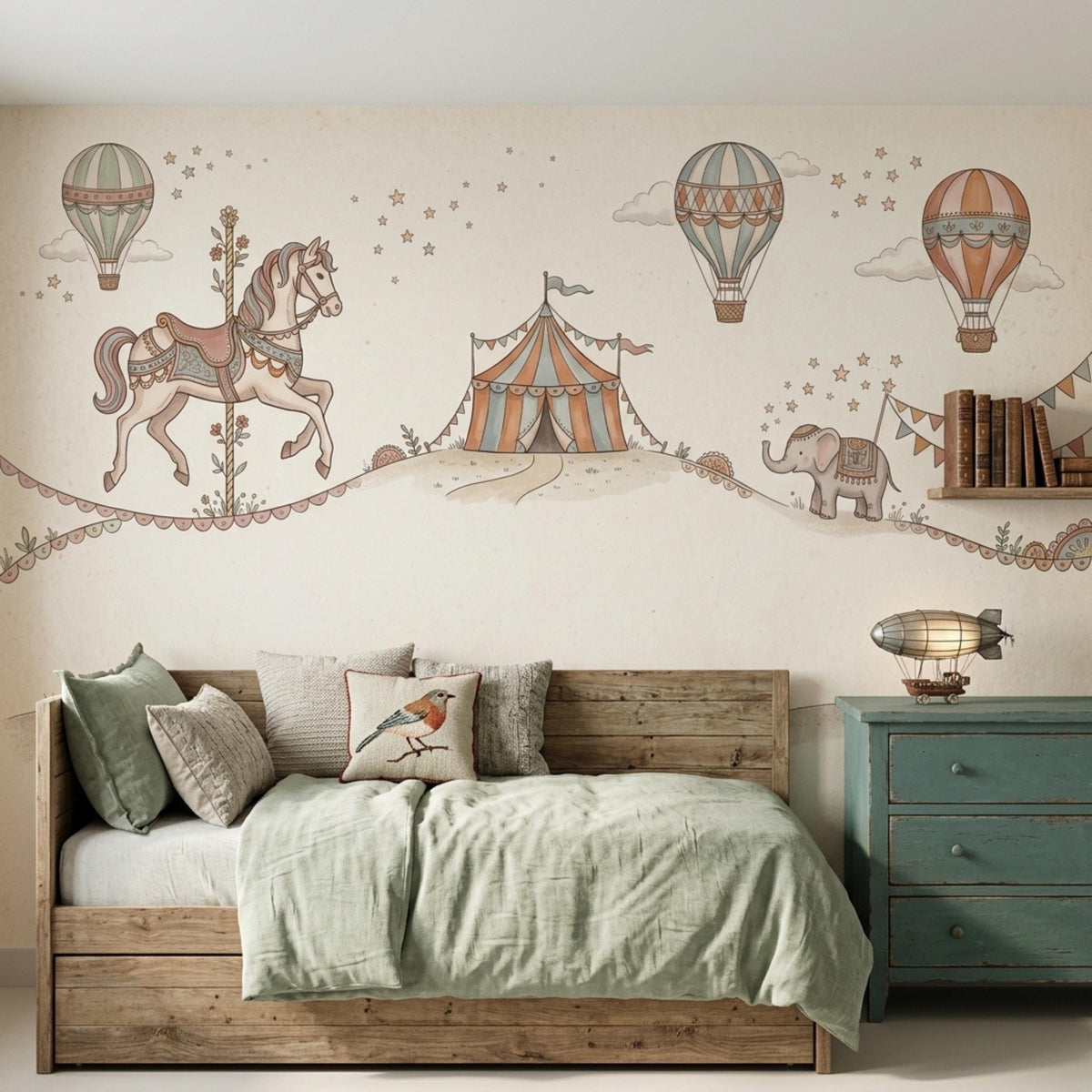 A wooden bed with a pale green duvet is positioned in front of a vintage circus mural, accompanied by a matching nightstand.
