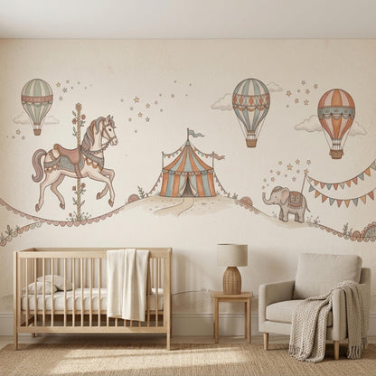A wooden crib and an armchair are set on a woven rug against a nursery wall featuring a vintage circus mural.