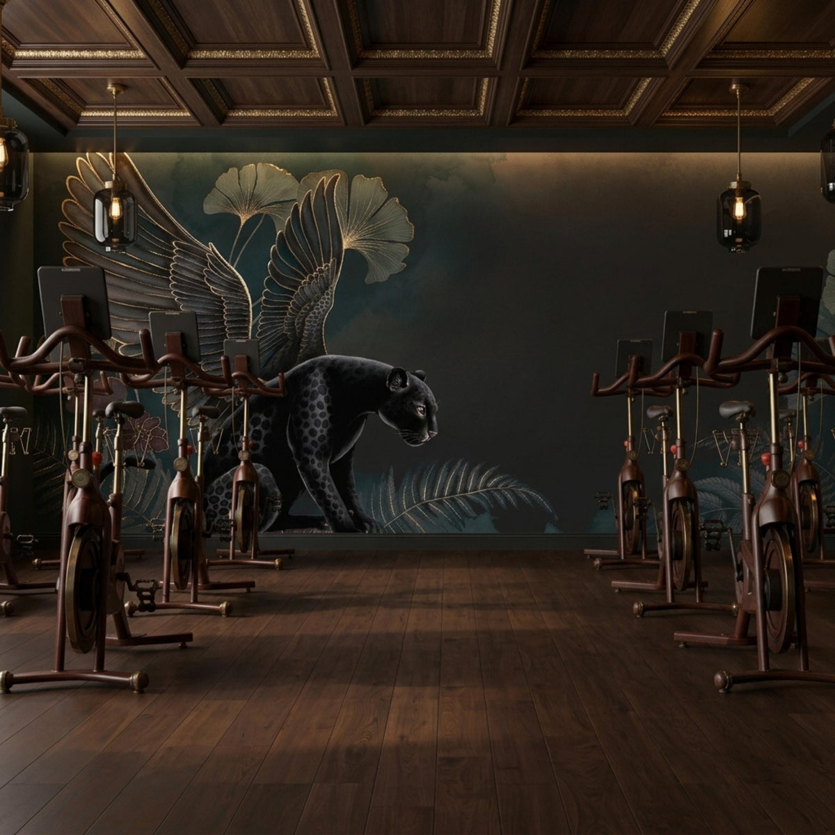 A fitness studio with dark wood floors and ceiling coffers features an accent wall mural of a black winged panther in a dark jungle setting.
