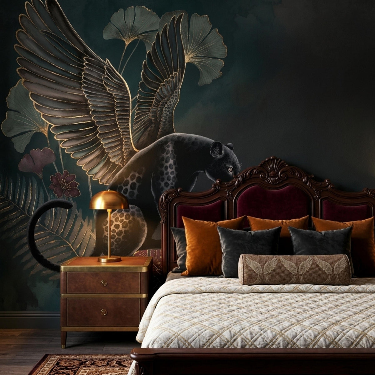 A dark wood bed with velvet headboard and rust pillows sits against an accent wall featuring a moody mural of a winged panther and ginkgo leaves.
