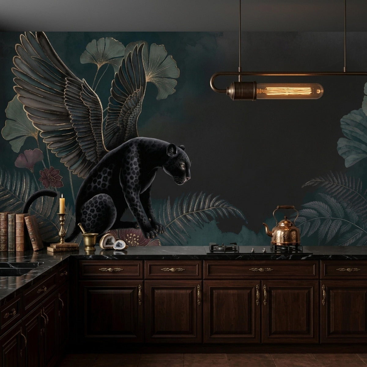 A kitchen features dark wood cabinets and a stovetop beneath a dark teal wall mural depicting a winged black panther and tropical foliage.