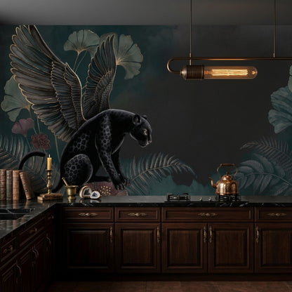 A kitchen features dark wood cabinets and a stovetop beneath a dark teal wall mural depicting a winged black panther and tropical foliage.