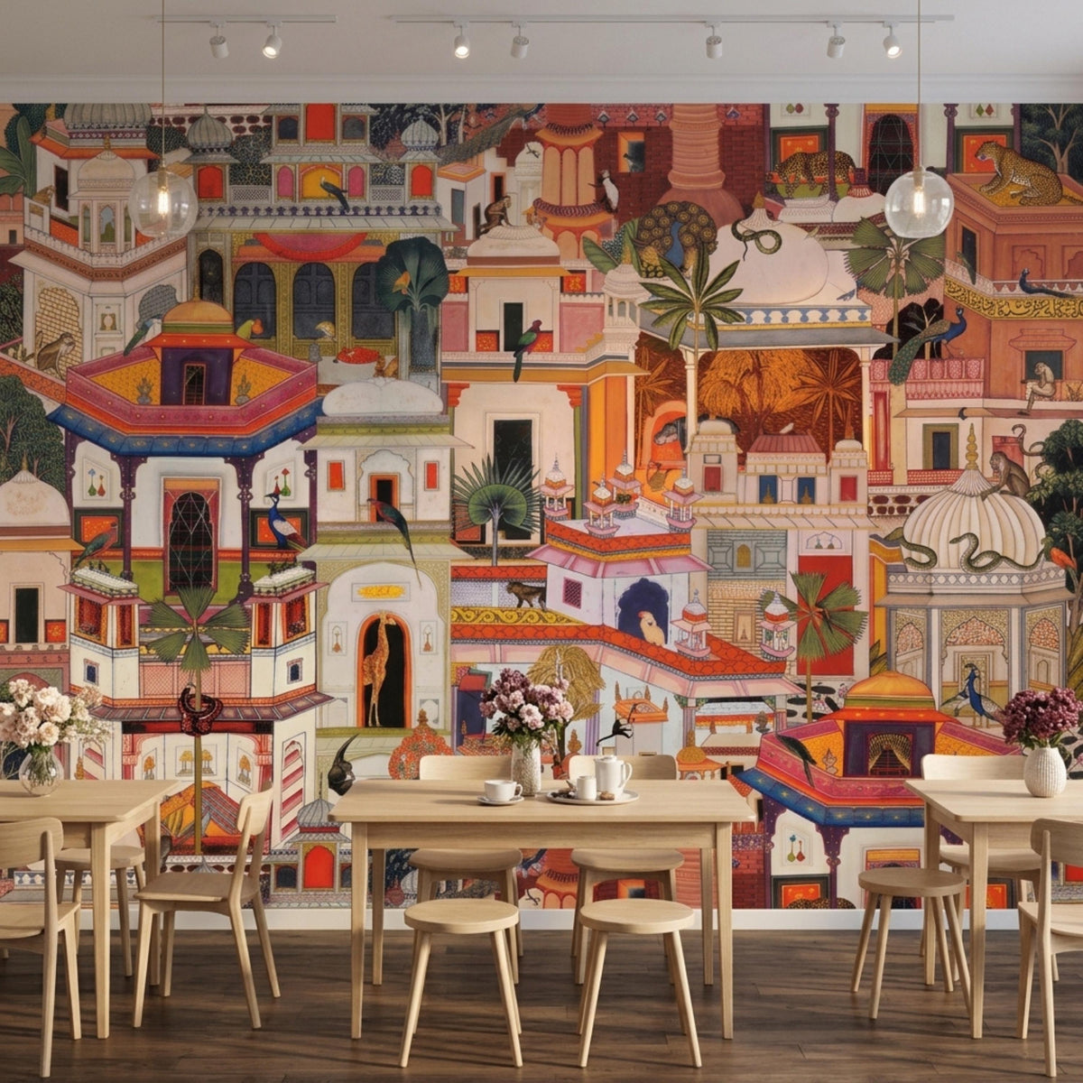 A dining area with wooden tables and chairs placed against a detailed Indian miniature palace mural with colorful architecture and jungle animals.