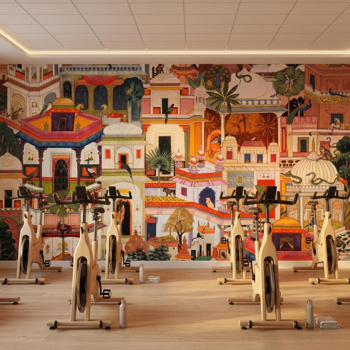A gym interior with several exercise bikes lined up on a wooden floor in front of an expansive wall mural featuring Mughal-style palaces and jungle scenes.