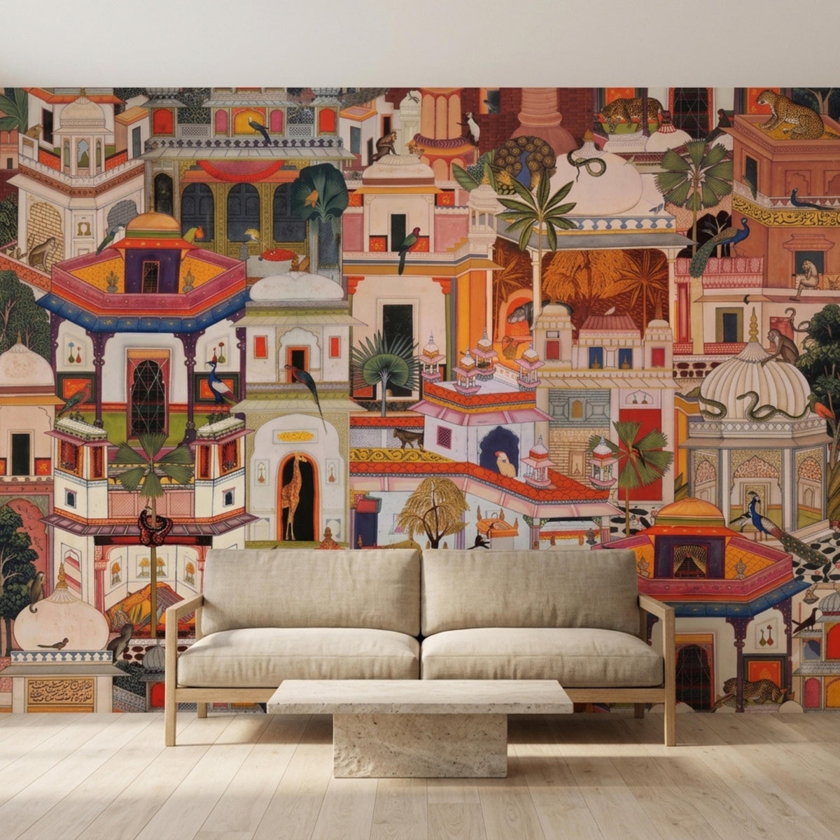 A living room featuring a modern beige sofa and a stone coffee table against a vibrant vintage Indian architectural wall mural.