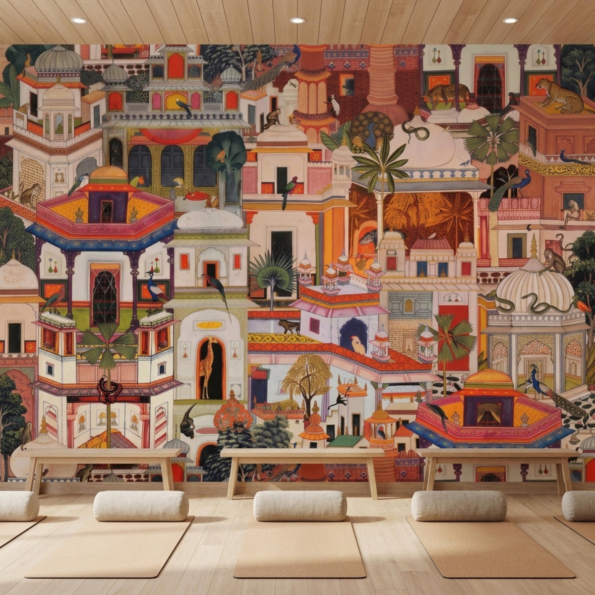 A yoga studio floor with rolled-out mats and bolster pillows, positioned in front of a colorful wall mural displaying traditional Indian palace architecture.