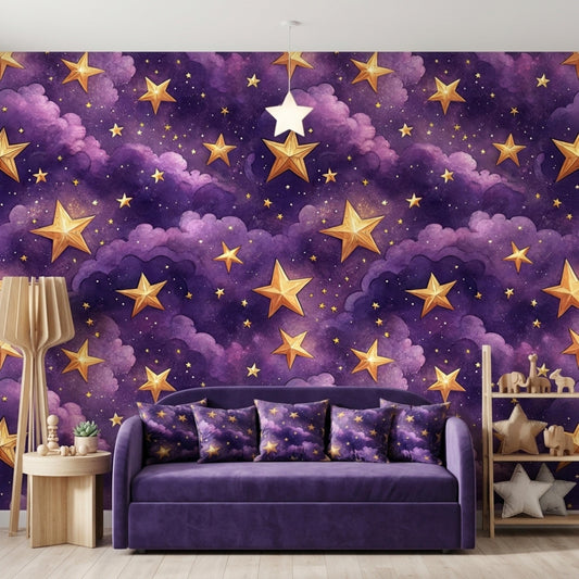 A purple and gold star wallpaper covers the wall behind a purple sofa and a tall wooden shelving unit.