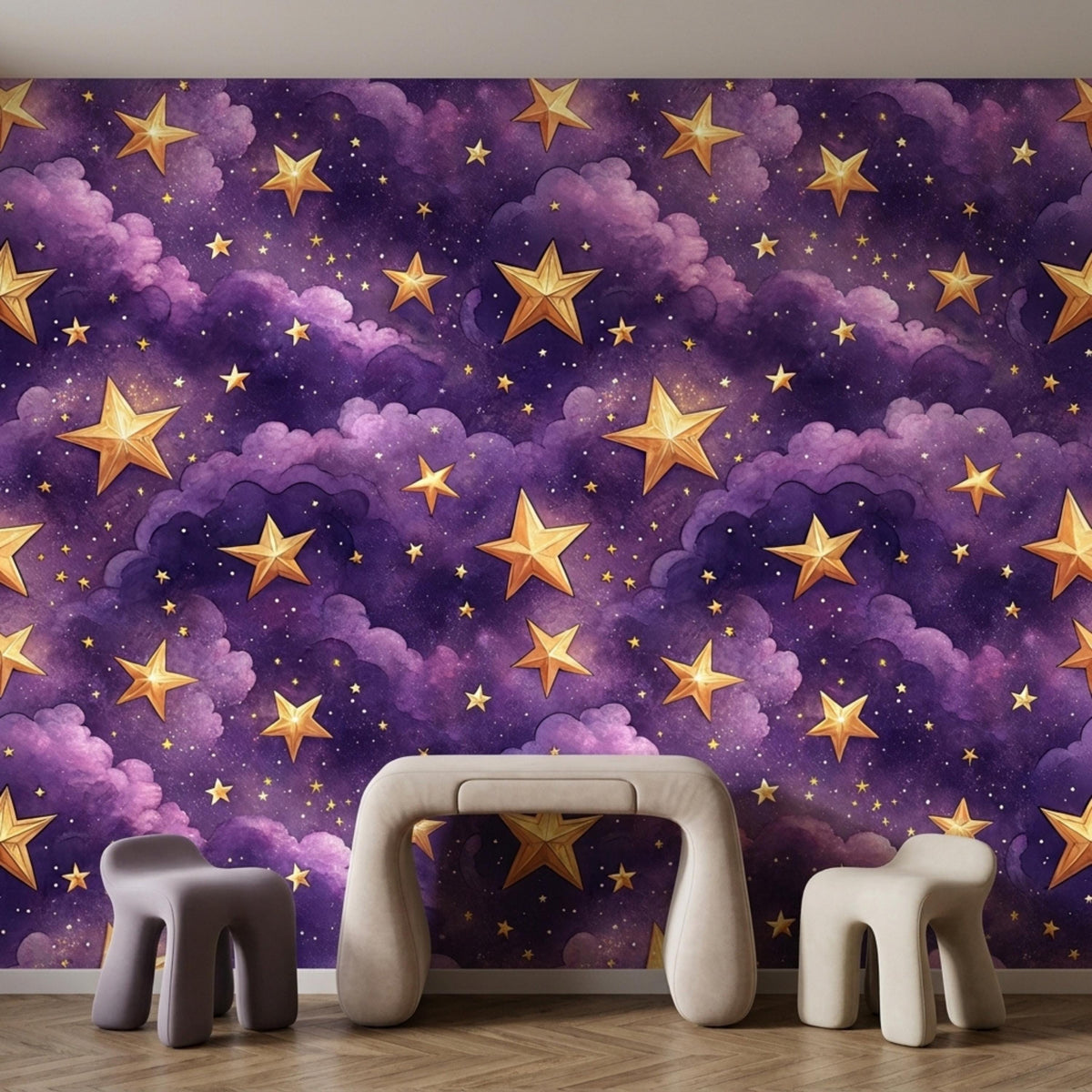 A child-sized desk and two small chairs sit in front of the purple star-patterned wallpaper.