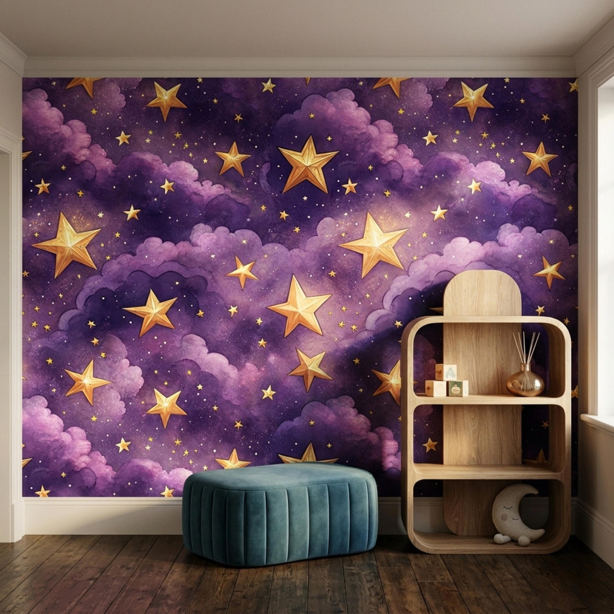 A teal tufted ottoman and a wooden bookshelf sit against a purple star and cloud wallpaper.