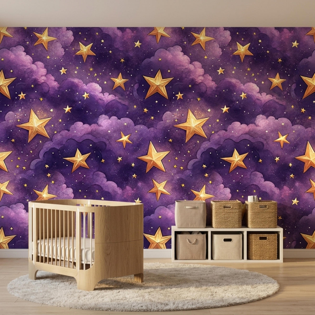 A wooden baby crib and a white storage shelf sit on a round rug against the celestial wallpaper.