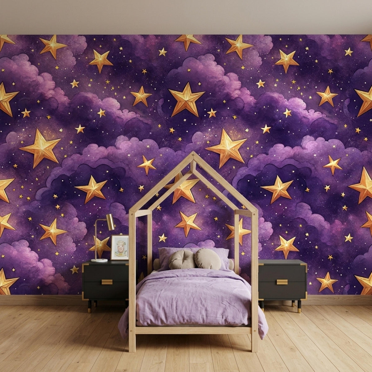 A child house-frame bed with purple bedding is positioned in front of the magical night sky wallpaper.