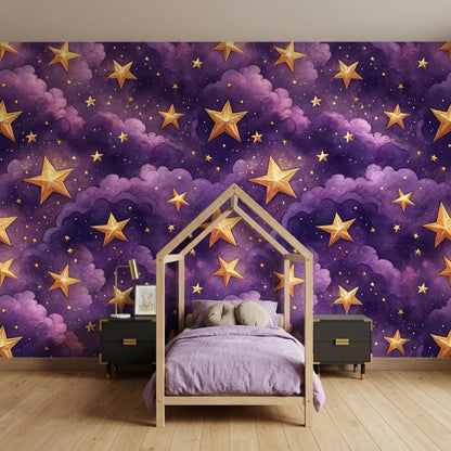 A child house-frame bed with purple bedding is positioned in front of the magical night sky wallpaper.