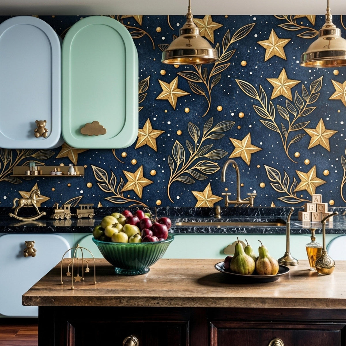 A wooden kitchen island with a bowl of fruit and pears sits in front of dark navy wallpaper featuring gold stars and botanical designs.