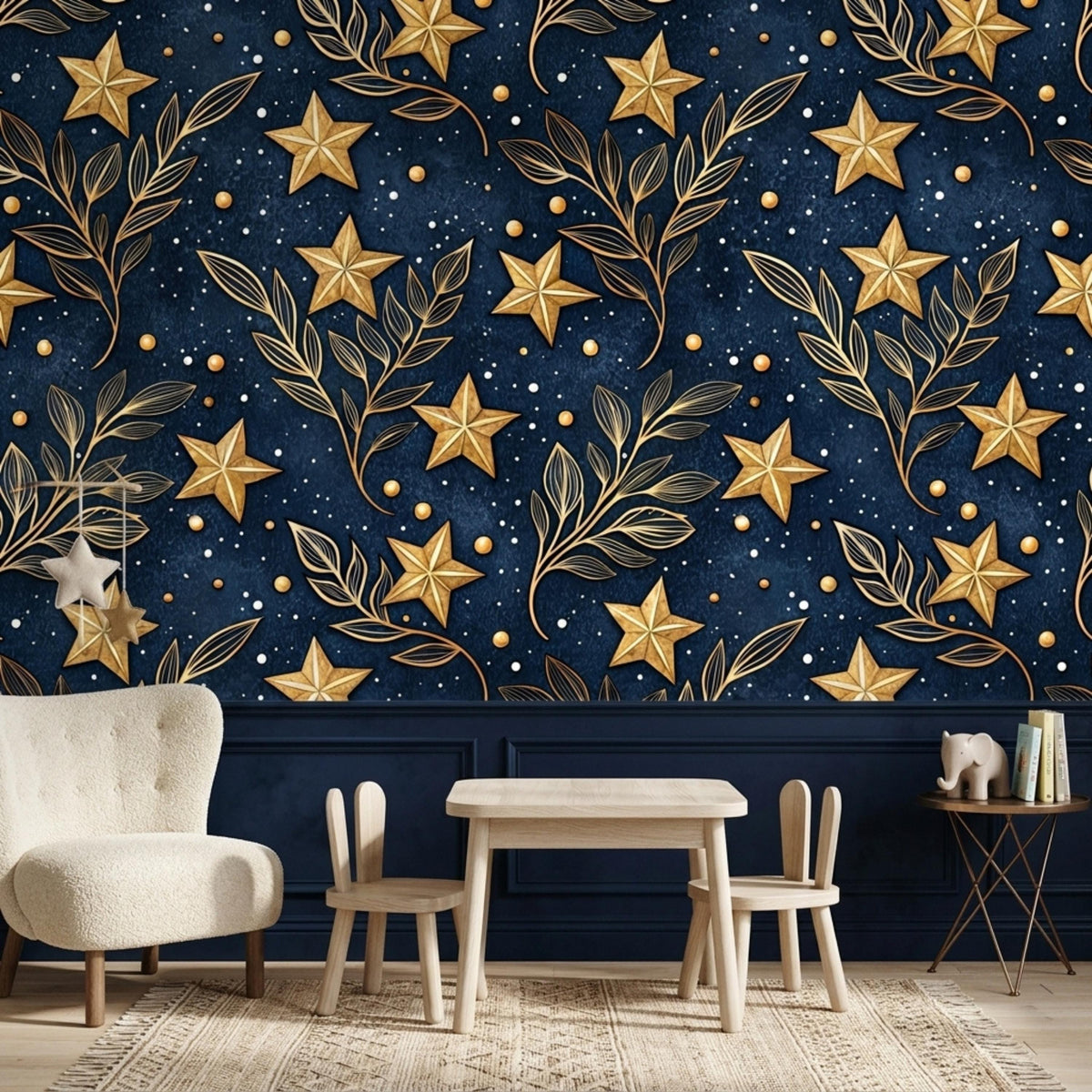A cream armchair and a small child's table and chairs are set against a deep blue wall with a gold celestial wallpaper pattern.