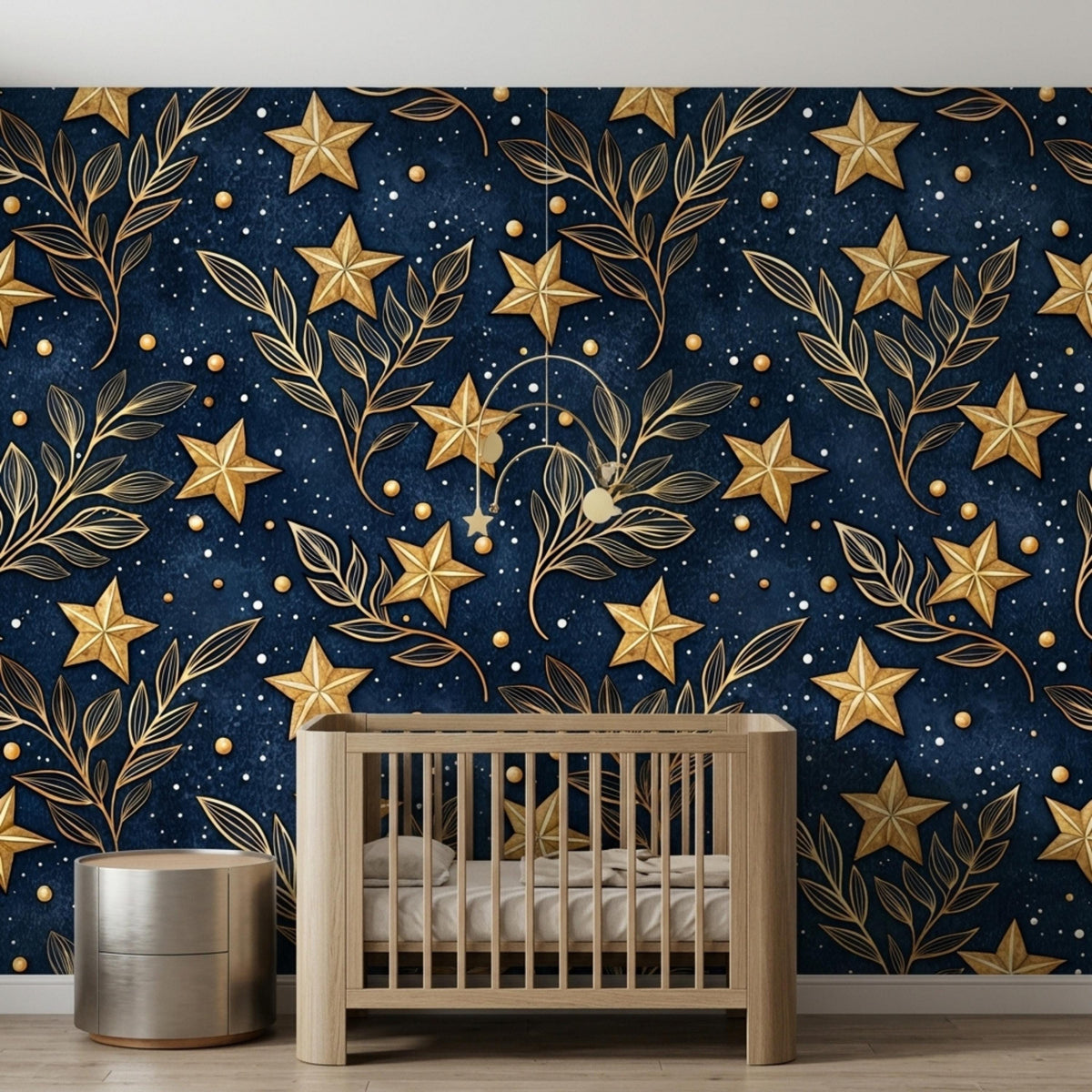 A wooden baby crib is positioned against a dark blue wallpaper printed with gold stars and leafy botanical patterns.