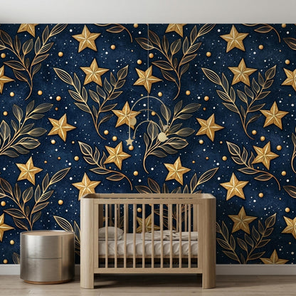A wooden baby crib is positioned against a dark blue wallpaper printed with gold stars and leafy botanical patterns.