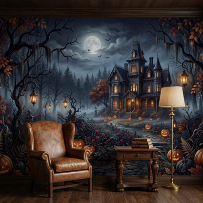 A brown leather armchair and a small wooden side table sit in front of a Halloween wall mural depicting a spooky Victorian house, bare trees, and a full moon.