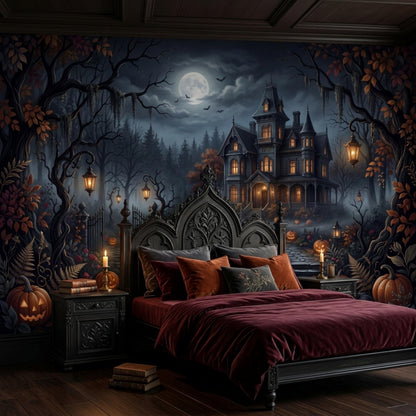 A dark wooden bed with deep red bedding is positioned against a haunted house mural featuring glowing carved pumpkins, a full moon, and a misty forest.