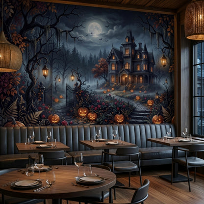 Several small dining tables and a tufted bench are arranged in front of a large moody wall mural showing a haunted Victorian mansion at night.