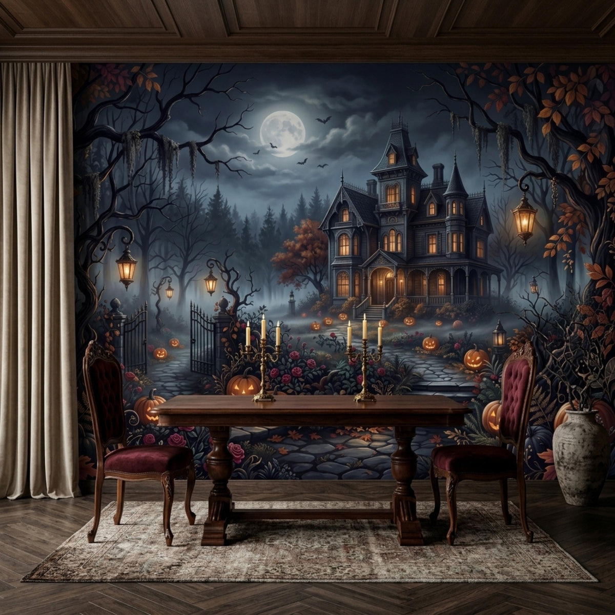 A large dining table and two red velvet chairs sit in a room with a dramatic haunted house mural, a patterned rug, and curtains on the left.