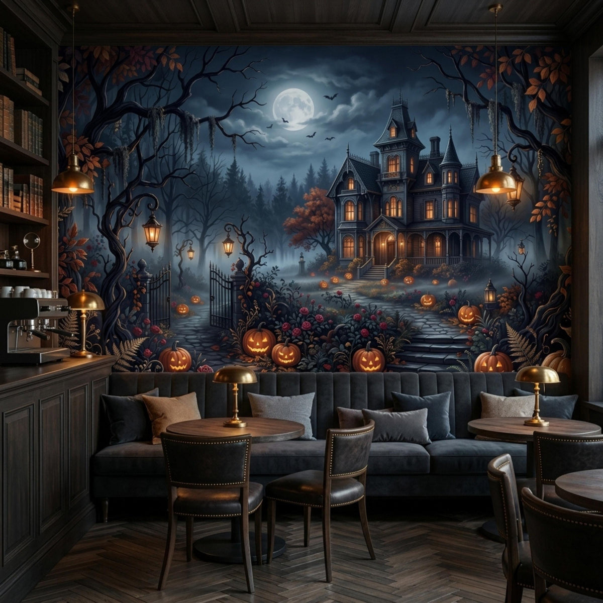 A coffee shop interior features a dark tufted sofa, small round tables with lamps, a counter on the left, and a spooky Halloween mansion wall mural.