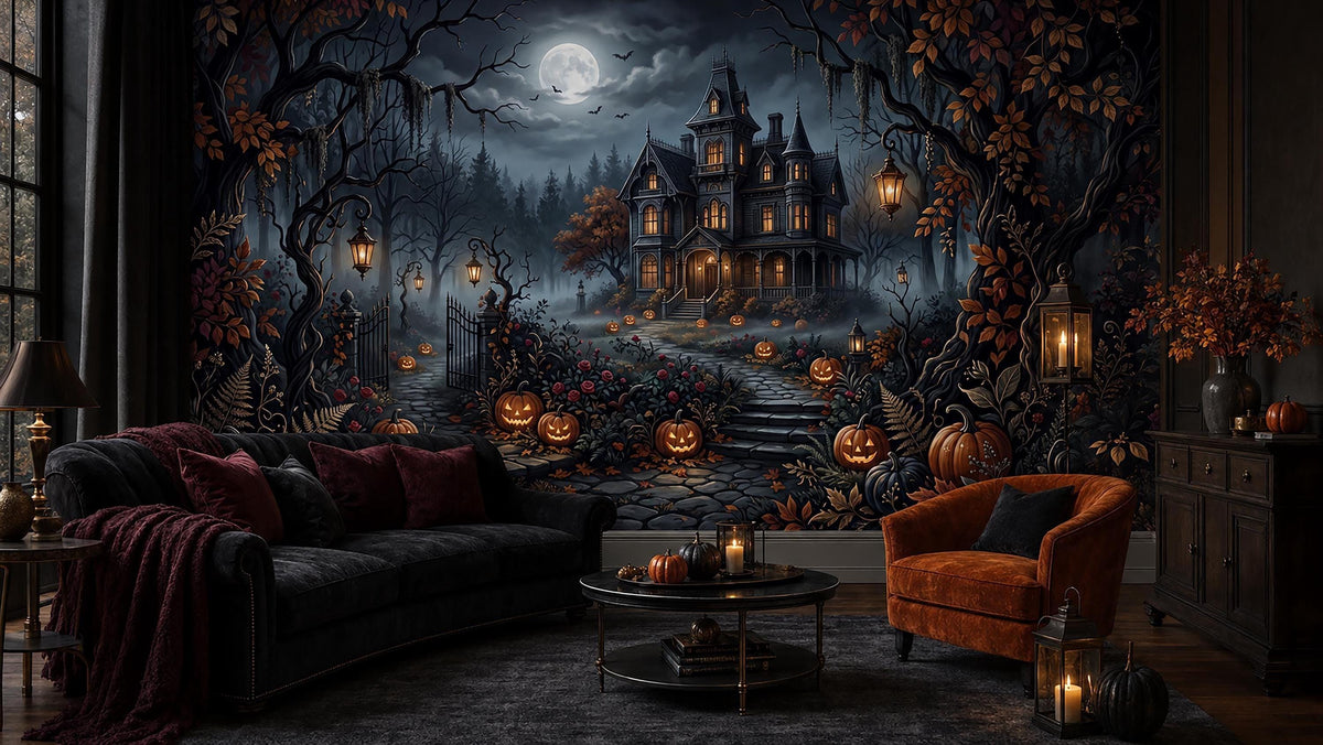 A living room features a dark floral accent wall with a haunted house mural, a black tufted sofa, an orange armchair, and glowing Jack o Lanterns on the floor.