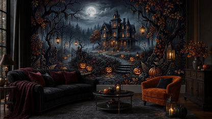 A living room features a dark floral accent wall with a haunted house mural, a black tufted sofa, an orange armchair, and glowing Jack o Lanterns on the floor.