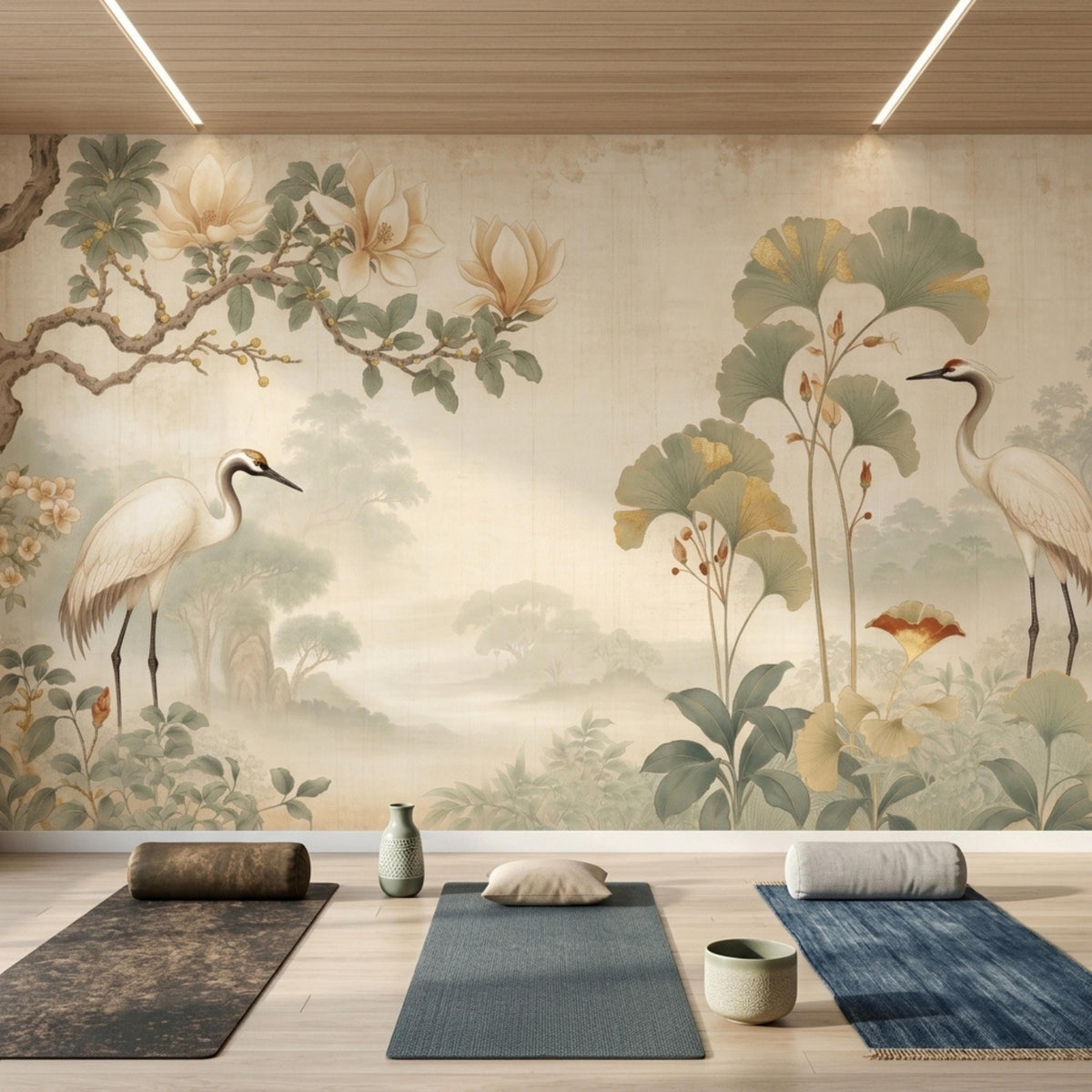 A wooden yoga studio floor with rolled mats and meditation cushions positioned in front of a large panoramic wall mural of cranes and botanical elements.