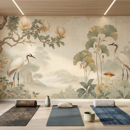 A wooden yoga studio floor with rolled mats and meditation cushions positioned in front of a large panoramic wall mural of cranes and botanical elements.