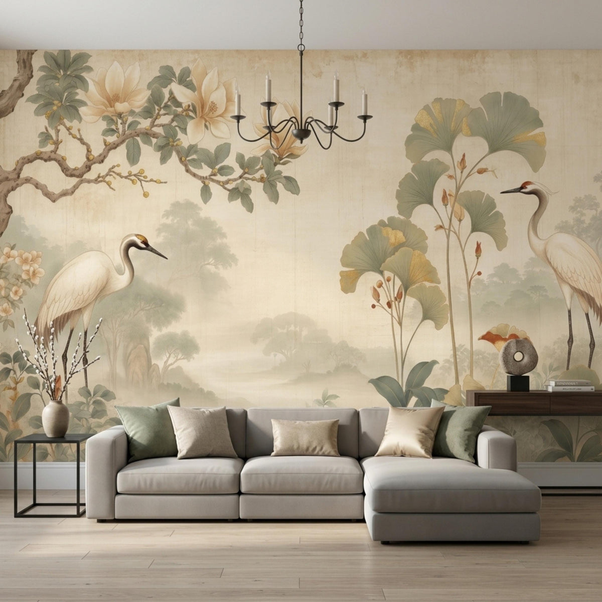 A living room featuring a corner sectional sofa with grey and green pillows placed against a vintage-style botanical wall mural with two crane illustrations.
