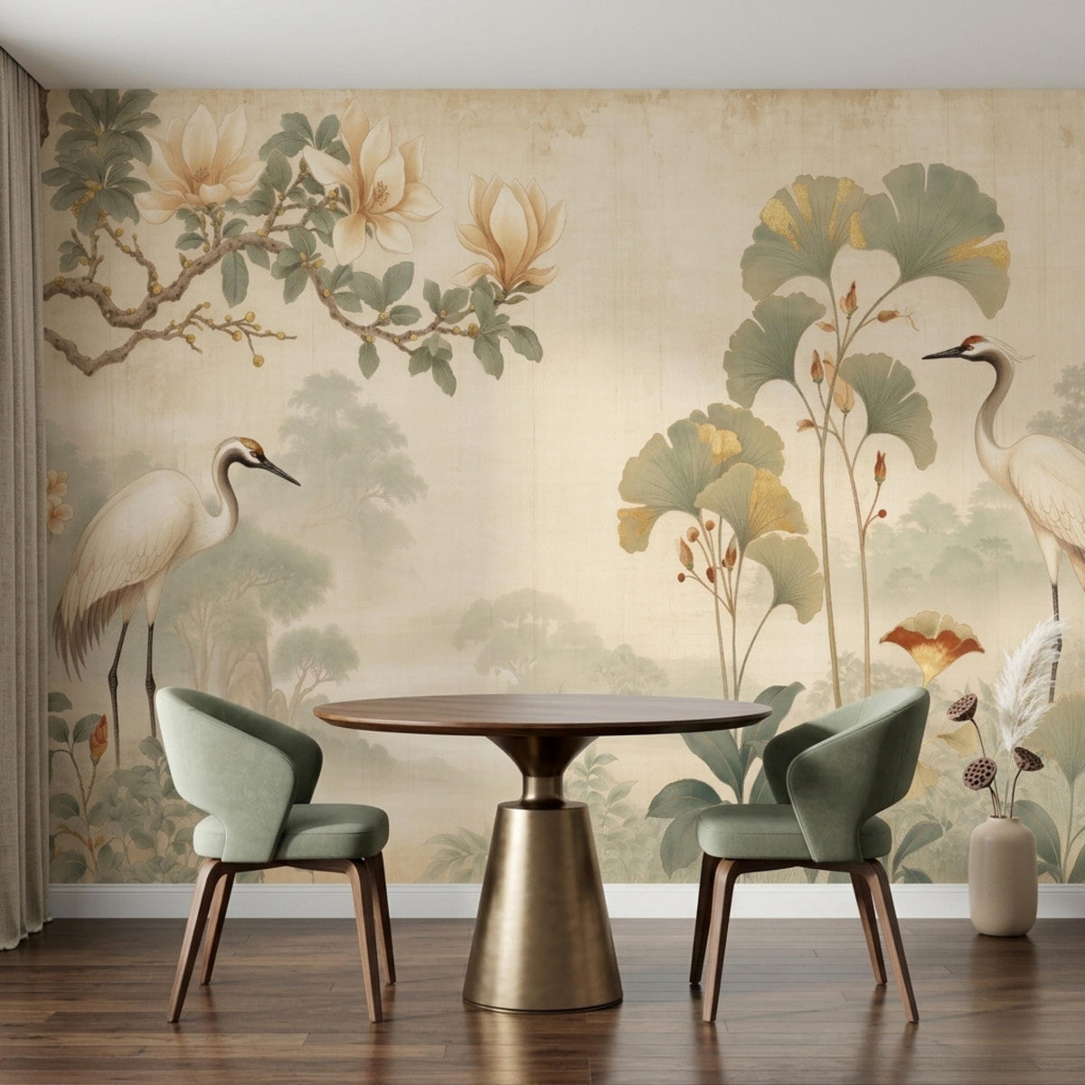 A round wooden dining table with two sage green chairs positioned in front of a large-scale vintage wall mural of cranes and floral motifs.