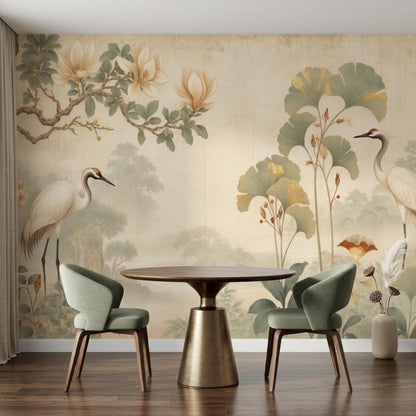 A round wooden dining table with two sage green chairs positioned in front of a large-scale vintage wall mural of cranes and floral motifs.