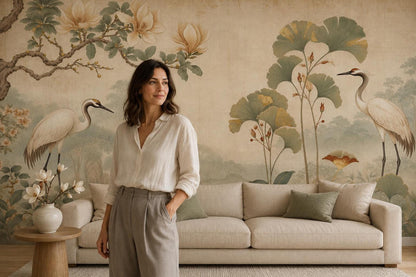 A woman stands in a living room in front of a beige sofa and a mural wall depicting cranes, ginkgo plants, and flowering branches.