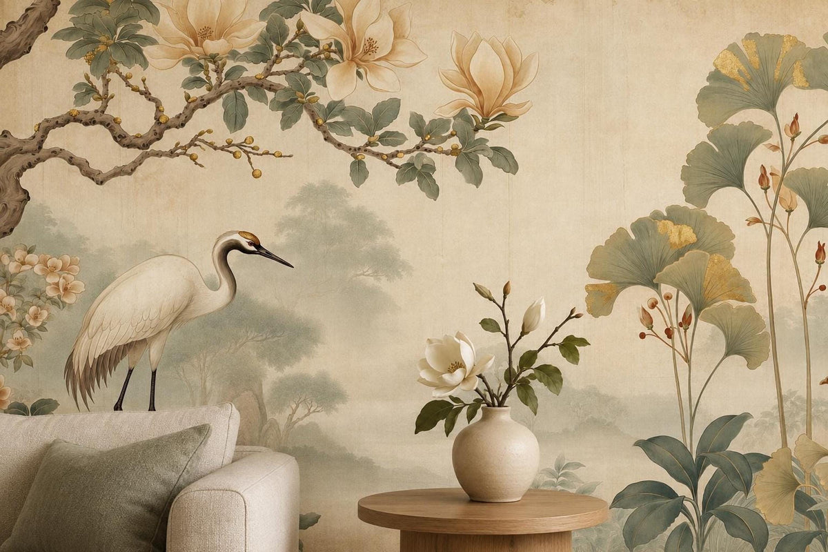 A close-up view of the vintage-style wall mural featuring a white crane standing beneath a flowering magnolia tree, beside a small side table holding a vase of flowers.