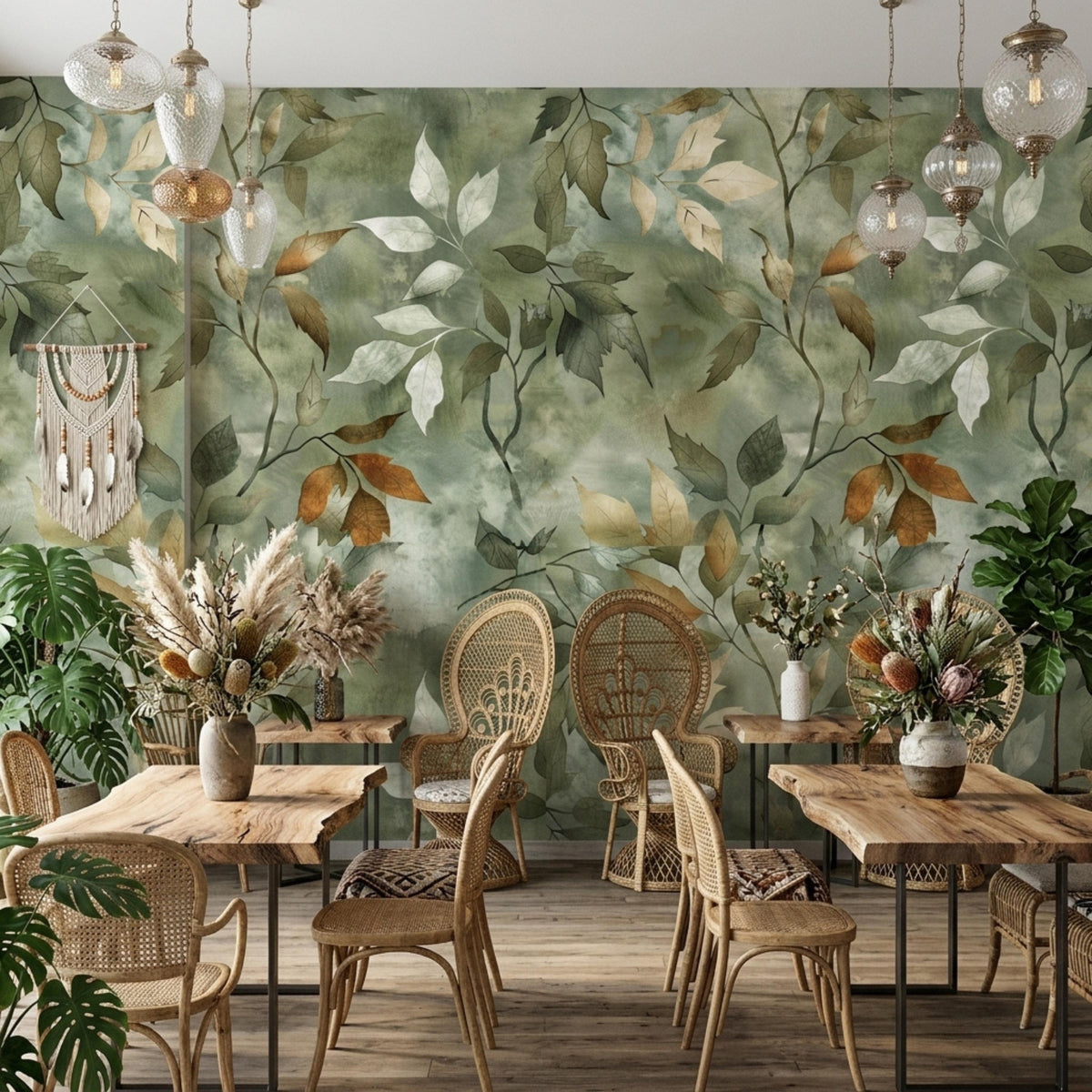 A botanical sage green wallpaper mural serves as a backdrop for a dining area with wooden tables and rattan chairs.