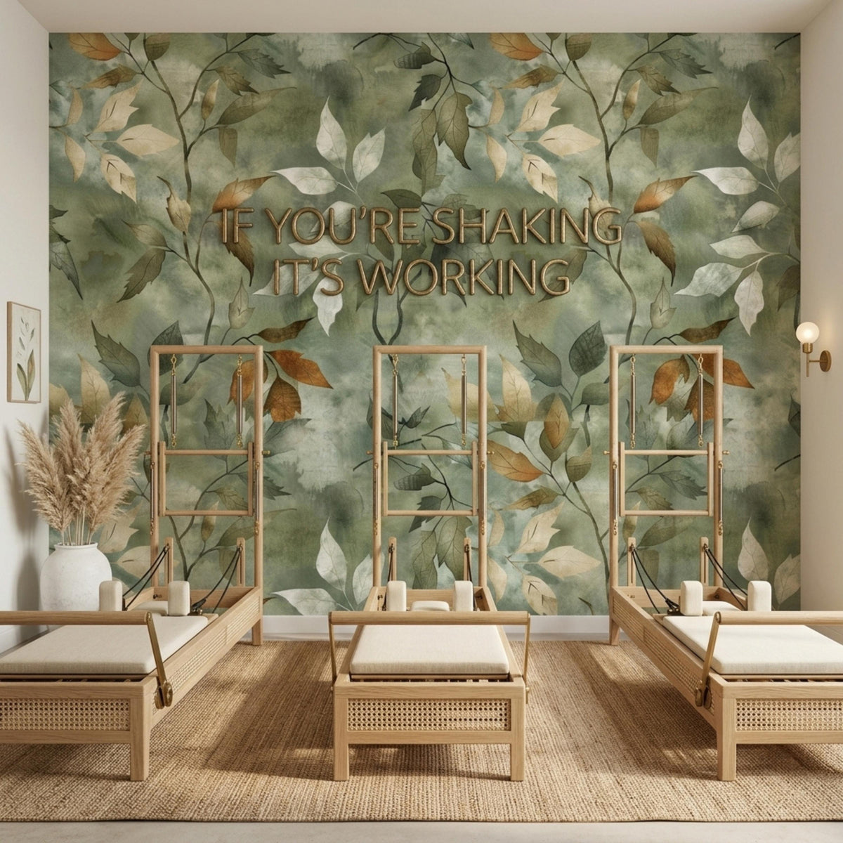 Three wooden pilates reformers are set up against a sage green botanical leaf wallpaper mural.