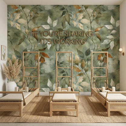 Three wooden pilates reformers are set up against a sage green botanical leaf wallpaper mural.