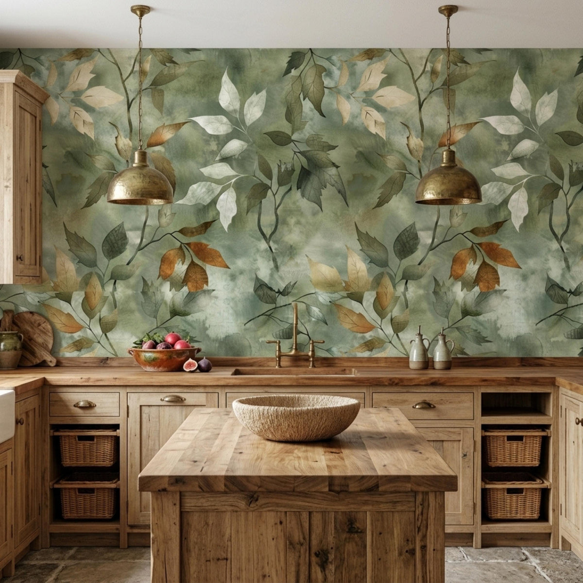 A kitchen features wood cabinets and a wooden island against a sage green botanical leaf wallpaper backdrop.