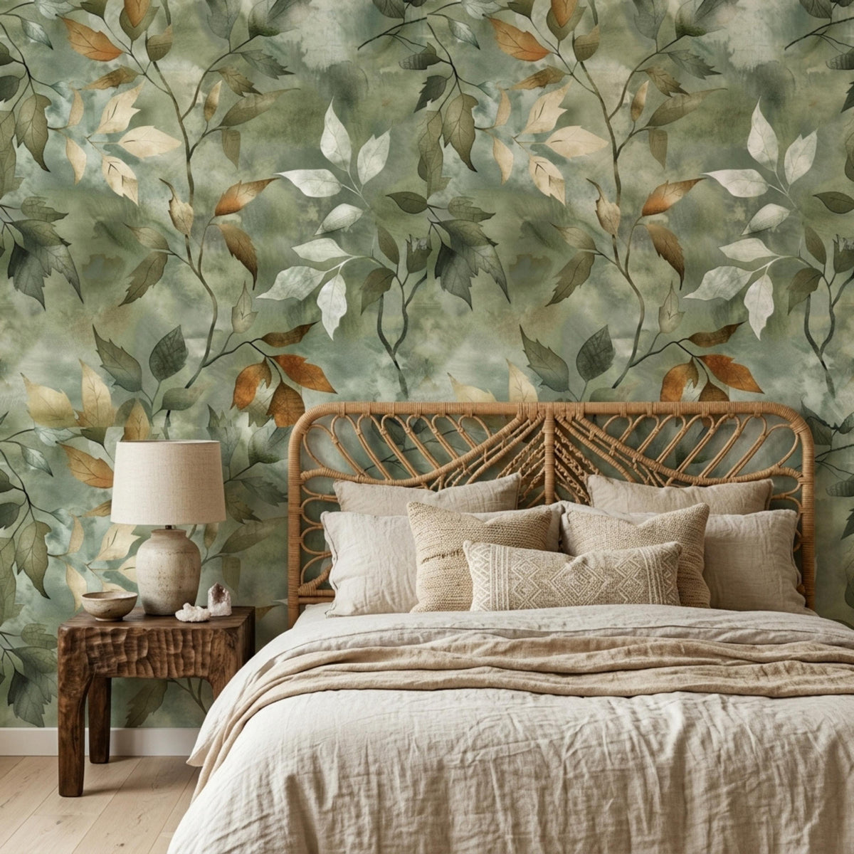A bed with beige pillows and a rattan headboard stands in front of a sage green botanical leaf wallpaper mural.
