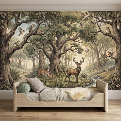 A woodland forest wallpaper mural covers the wall behind a light wood child bed with a green pillow and cream bedding.