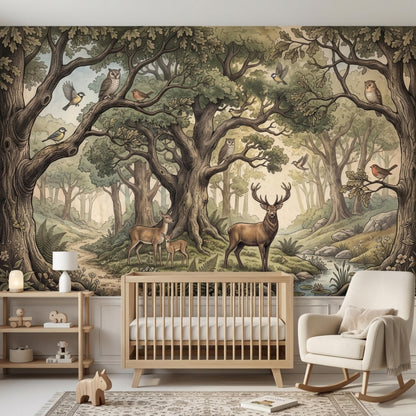 A whimsical forest wall mural features deer and owls behind a wooden crib, shelving unit, and rocking chair.
