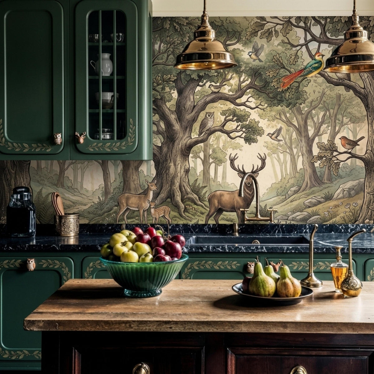 A kitchen features dark green cabinets, a wood countertop, and a forest-themed wallpaper mural with deer and birds on the wall.