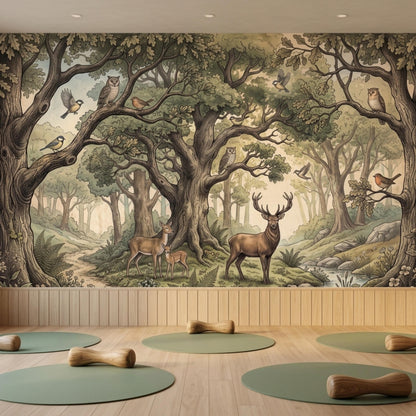 A workout room features a woodland forest wallpaper mural on the back wall and four circular yoga mats on the wood floor.