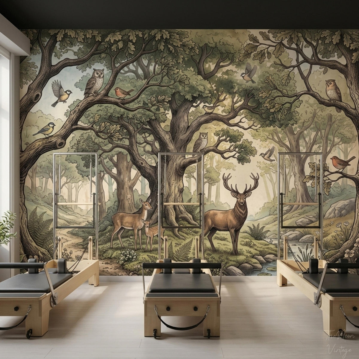 A room with Pilates reformers features a large vintage forest mural wallpaper on the back wall with trees, deer, and owls.