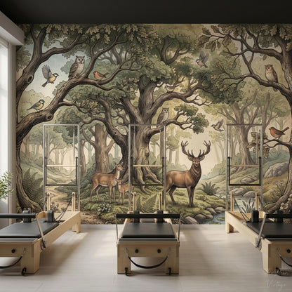A room with Pilates reformers features a large vintage forest mural wallpaper on the back wall with trees, deer, and owls.