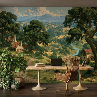 A rustic office setup with a wooden desk, rattan chair, and laptop against a large landscape wall mural.
