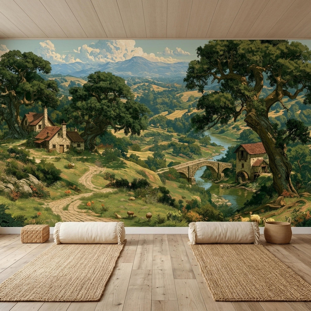 A wood-paneled room with two jute rugs and floor pillows in front of a large landscape mural.