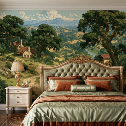 A tufted bed with green bedding positioned against a large vintage landscape mural.